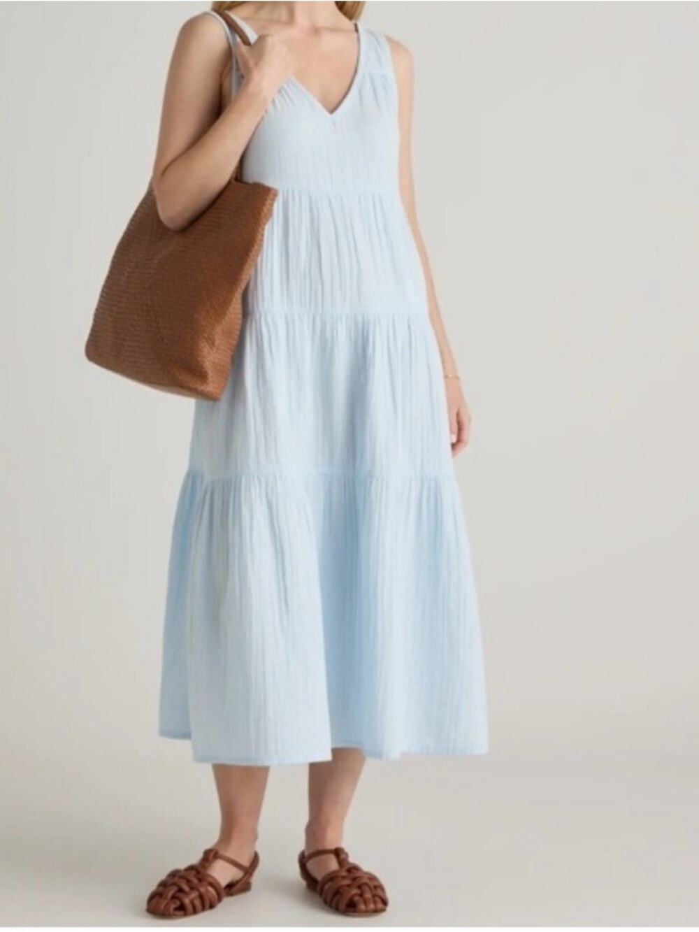 Quince 100% Organic Cotton Gauze Tiered Maxi Dress in Nantucket Blue Medium $128 - Picture 3 of 13